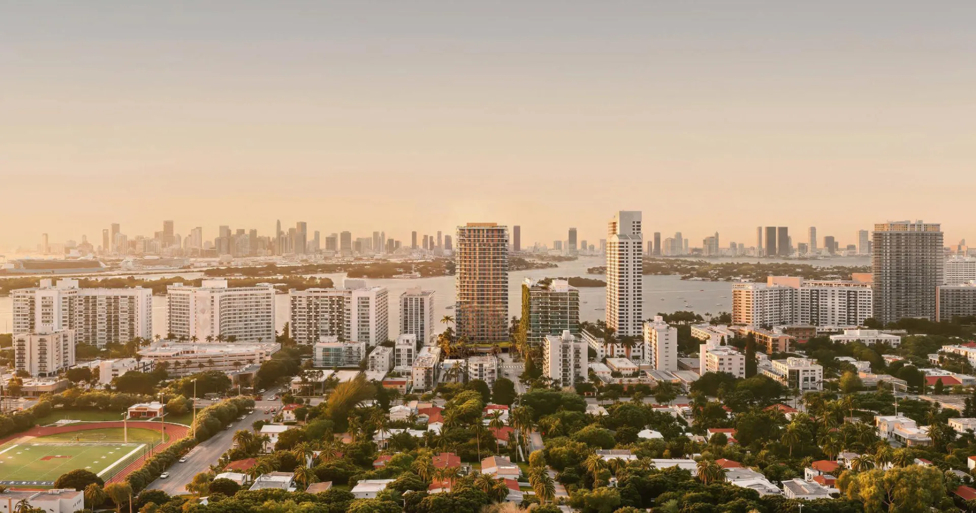 1250 West Avenue Miami Beach – aerial view of the tower on Biscayne Bay with the downtown Miami skyline